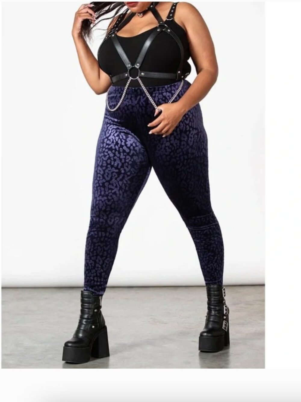Killstar Caturday Leggings Plum Purple Blue Stretch Velvet Leopard Embossed 4XL